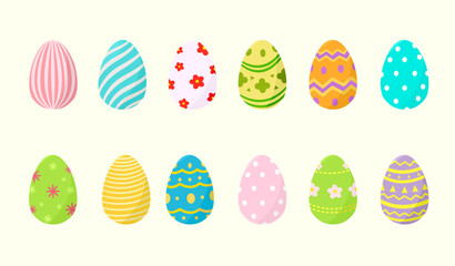 Set of beautiful and colorful Easter eggs with different texture pattern styles on white background.Happy Spring holiday celebration with cute painted Easter egg, vector Illustration
