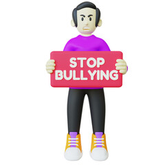 3d illustration of a man holding stop bullying banner. A man doing stop bullying campaign 3d render