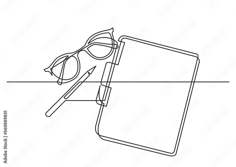 Poster continuous line drawing glasses notepad pen - PNG image with transparent background