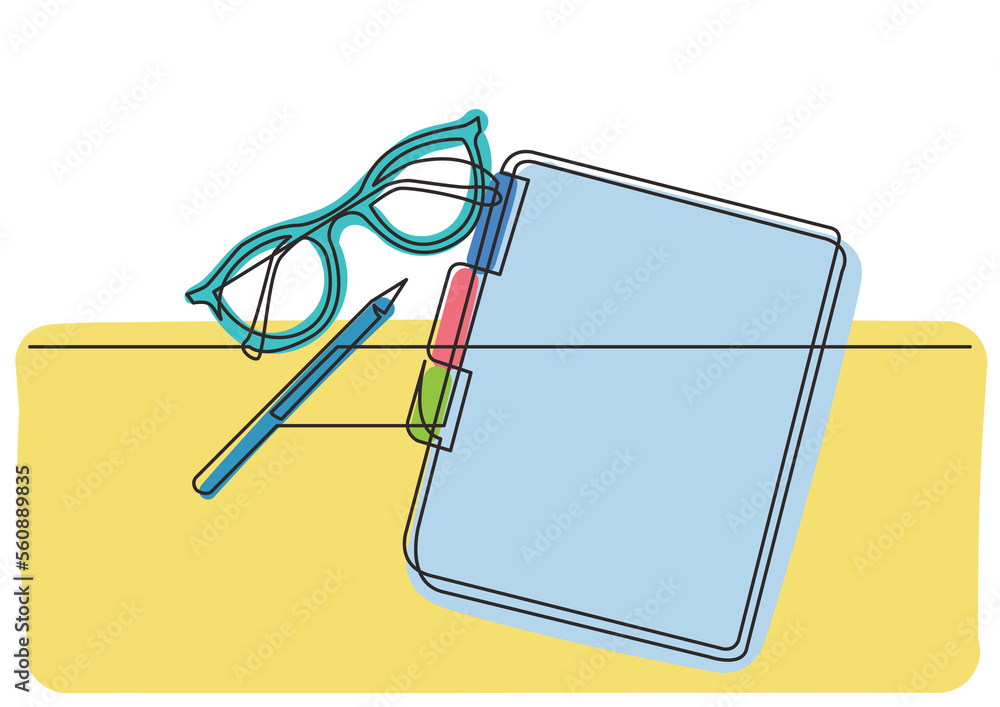 Poster continuous line drawing glasses notepad pen 3 colored - png image with transparent background
