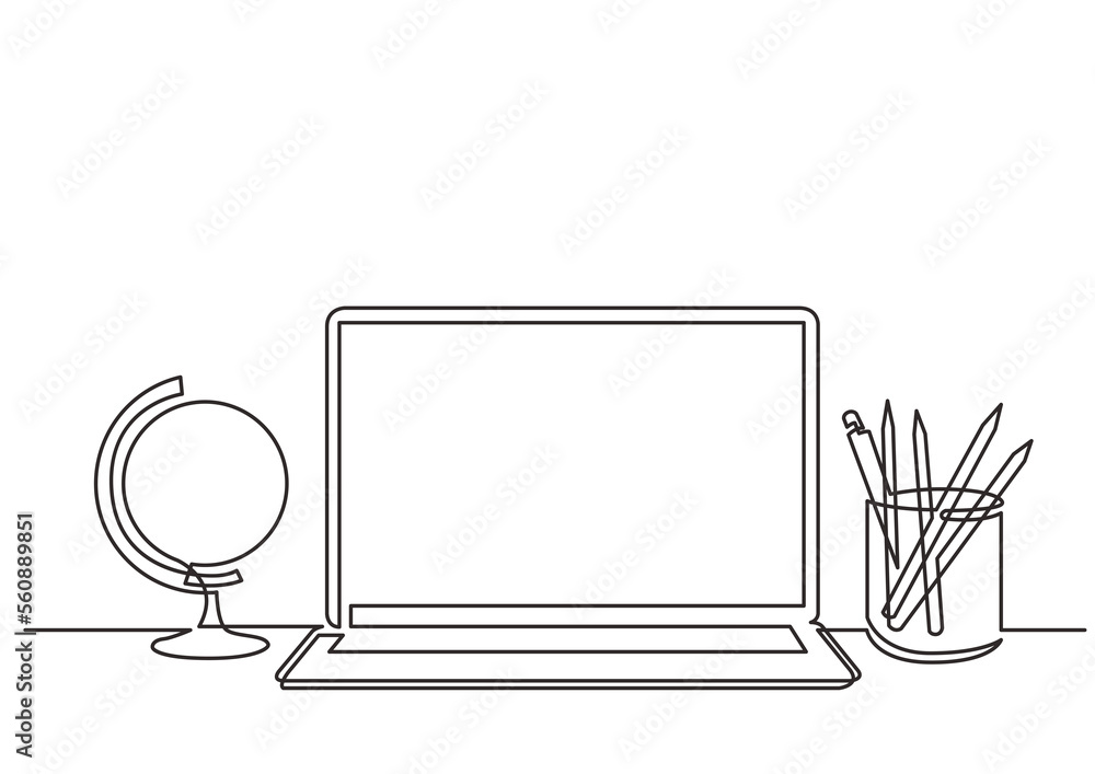 Poster continuous line drawing globe notepad pencils - png image with transparent background