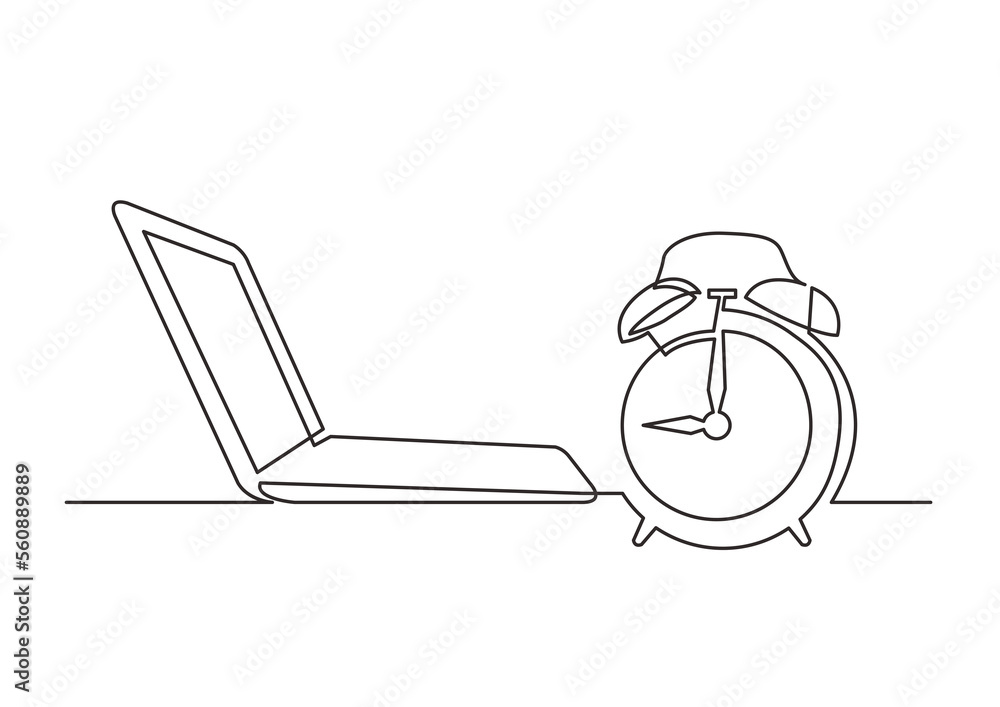 Poster continuous line drawing laptop alarm clock - png image with transparent background