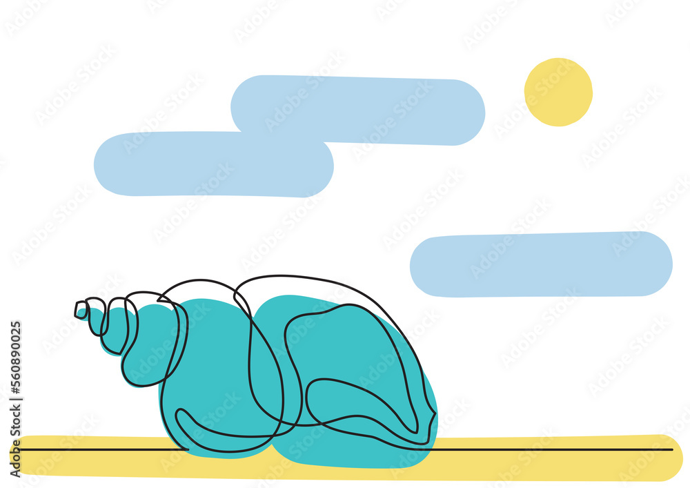 Poster continuous line drawing sea shell colored - png image with transparent background