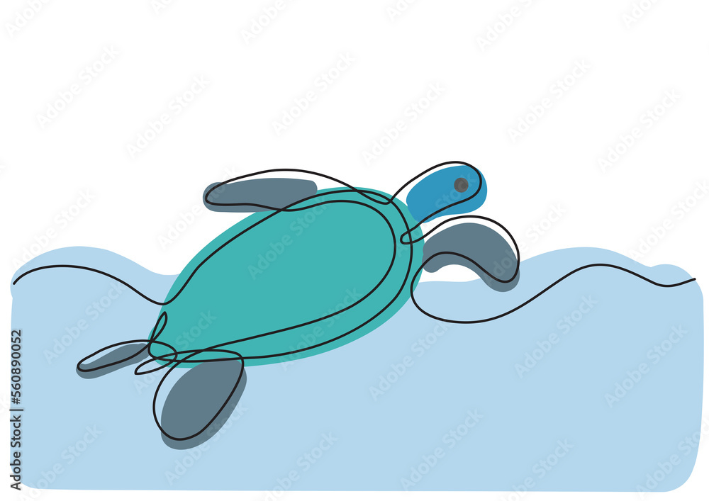 Poster continuous line drawing swimming sea turtle colored - png image with transparent background