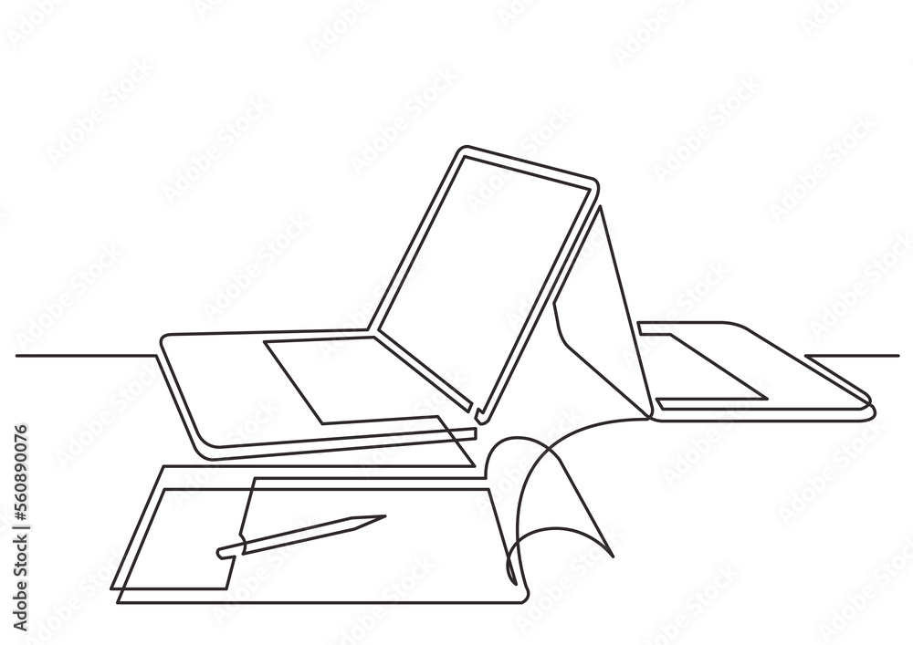 Poster continuous line drawing two laptop computers notepad - png image with transparent background