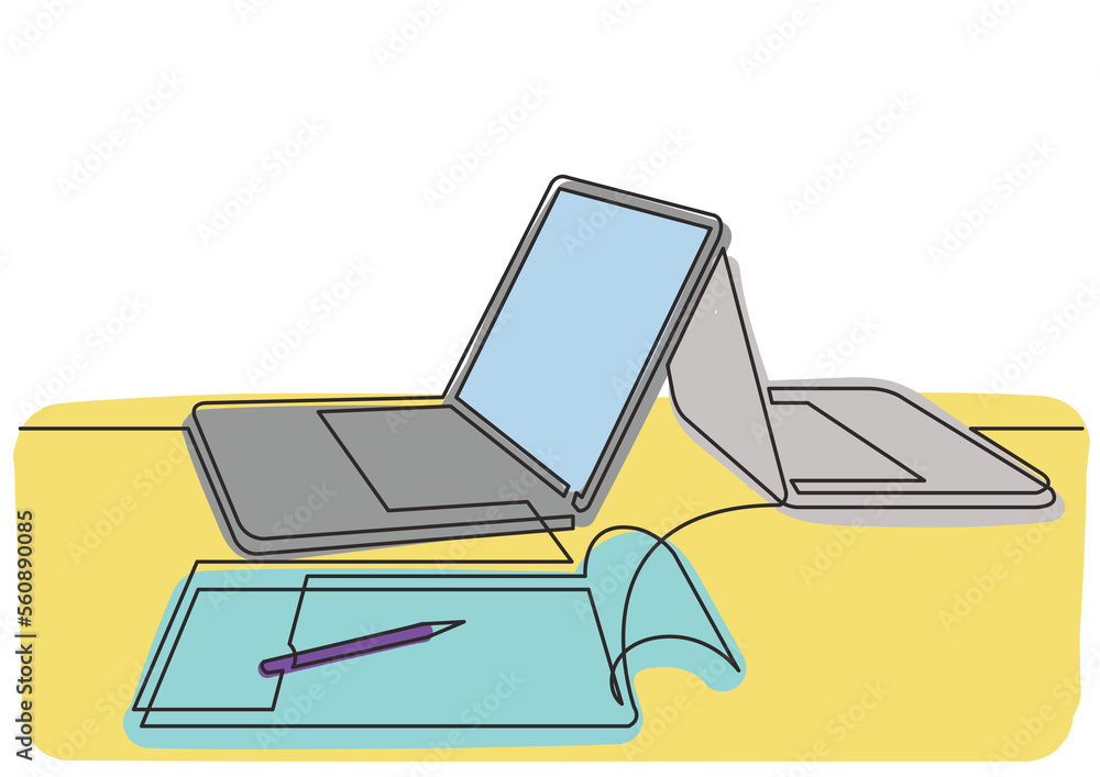 Poster continuous line drawing two laptop computers notepad 3 colored - png image with transparent backgrou