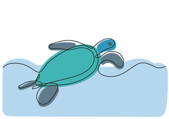 continuous line drawing swimming sea turtle colored - PNG image with transparent background