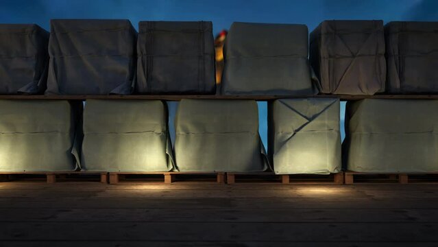 slow motion of Box Tarp crate logistic shipping in old factory shipping. 3d animation. global Logistic idea concept.