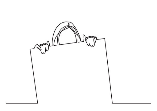 continuous line drawing woman hiding behind plackard - PNG image with transparent background