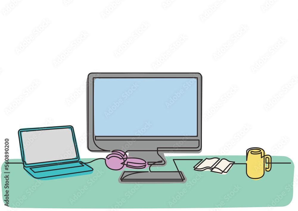 Poster continuous line drawing work desktop computer laptop mug 3 colored - png image with transparent back