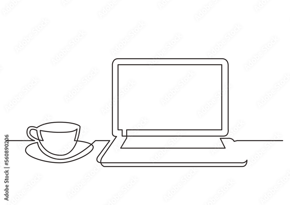 Poster continuous line drawing work laptop computer cup of tea - png image with transparent background