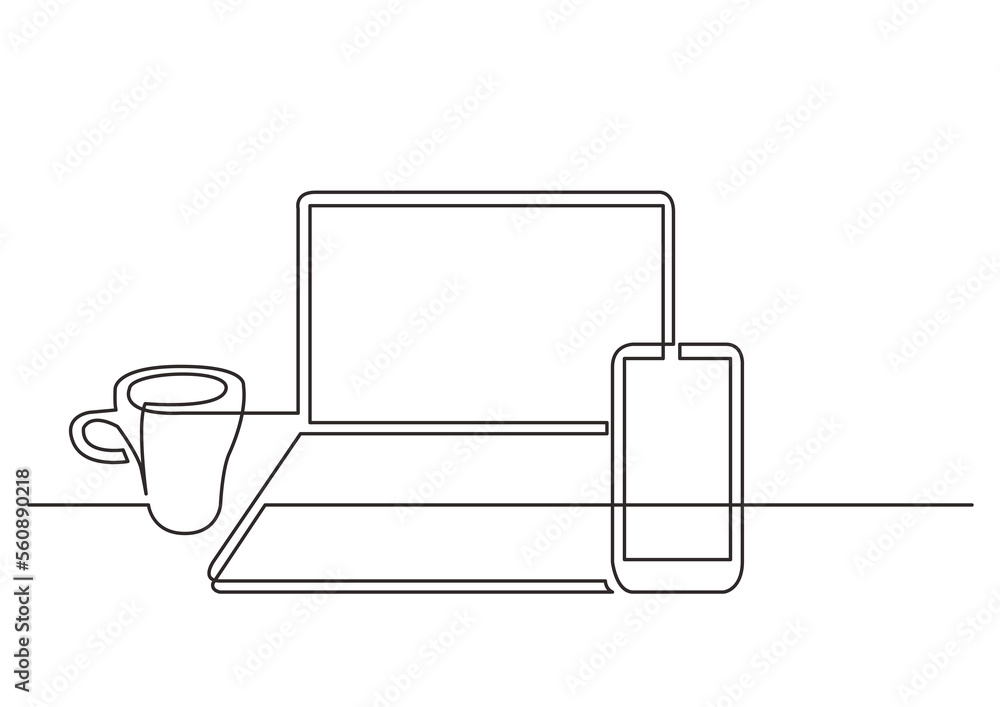 Aufkleber continuous line drawing work laptop computer mobile phone - png image with transparent background
