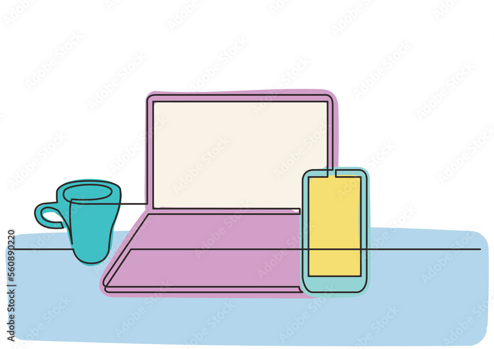 Poster continuous line drawing work laptop computer mobile phone 3 colored - png image with transparent bac