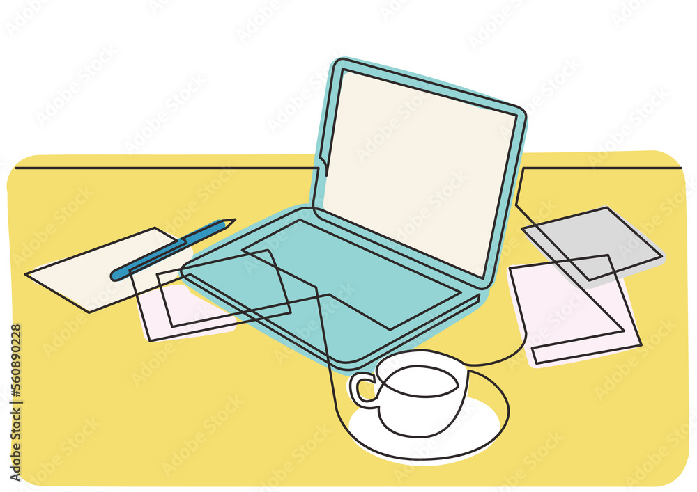 Poster continuous line drawing work laptop computer papers cup of tea 3 colored - png image with transparen
