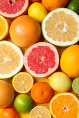 Different ripe citrus fruits as background, top view