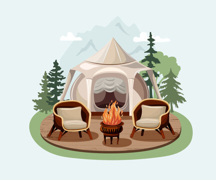 Modern outdoor recreation concept. Tent, chairs near camp fire on terrace. Glamping concept. Vector illustration.