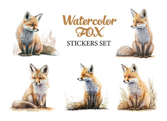 Fototapeta premium Set of watercolor fox isolated on white. Generative AI, edited in Photoshop. Perfect stickers set