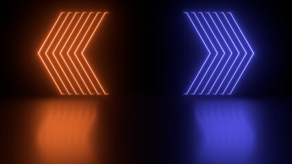 Obraz premium Sci Fy neon glowing lamps in a dark hall. Reflections on the floor. Empty background in the center. 3d rendering image. Abstract glowing lines. Techology futuristic background.