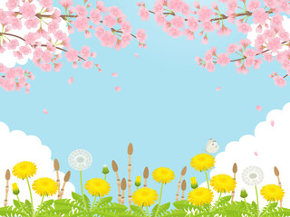 満開の桜・たんぽぽ・つくしの春の風景_フレーム背景_ベクターイラスト