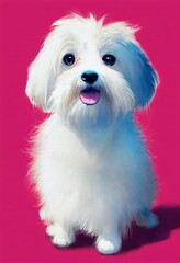 Funny adorable portrait headshot of cute doggy. Coton de Tulear Dog breed puppy, standing facing front. Looking to camera. Watercolor imitation illustration. AI generated vertical artistic poster.