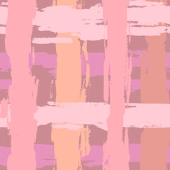 Pink Hand Drawn Dry Brush Grid Seamless Pattern.