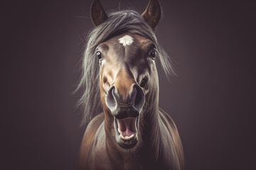 Illustration portrait of a bay brown horse making a laughing happy face on dark background. Generative ai