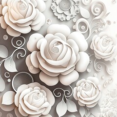  3D flowers white background repeating pattern illuminated elegant. Image generated with generative AI