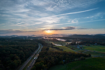 Aerial view of fabulous landscape during early morning sunrise