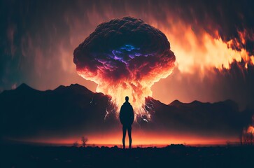 silhouette of a person standing alone in front of a mushroom cloud, conveying feelings of hopelessness and despair (AI Generated)