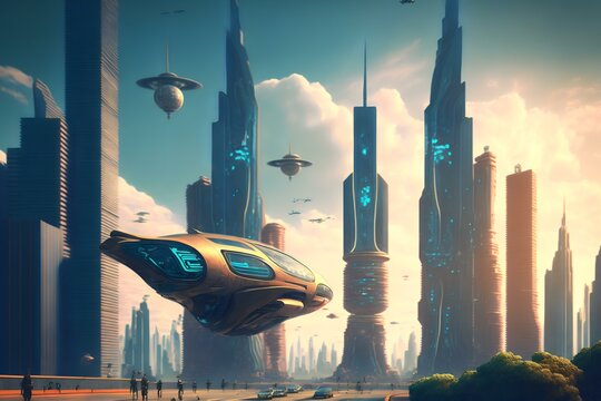 city skyline with flying cars and futuristic buildings, illustrating the idea of advanced transportation and urban development in the future (AI Generated)