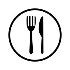 Fork and knife in circle icon on transparent background.
