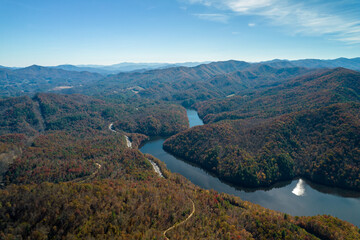 Aerial view of amazing landscape in Virginia. View of mountain river with highway along.