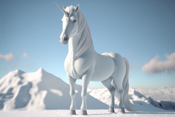 White unicorn standing on snow with mountains on background. Generative AI.