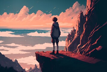 a person standing at the edge of a cliff, looking out at a beautiful landscape with a sense of freedom and empowerment, ANIME STYLE (AI Generated)