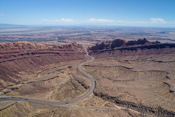 Aerial view of Spotted Wolf Canyon in Utah state on interstate 70. Traffic in Black Dragon Canyon...