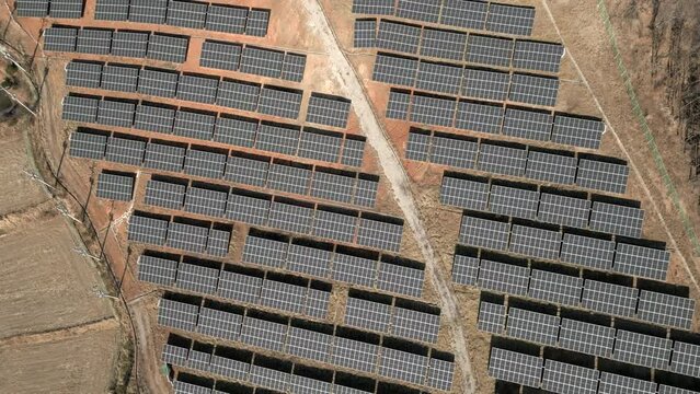 Solar Farm units environment producing renewable energy Aerial View, South Korea