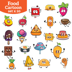 Set of cute food and fast food cartoon characters Vector