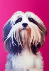 Naklejka na ściany i meble Funny adorable portrait headshot of cute doggy. Tibetan Terrier Dog breed puppy, standing facing front. Looking to camera. Watercolor imitation illustration. AI generated vertical artistic poster.