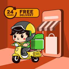 Delivery package by scooter on mobile phone, ecommerce,  online shopping concept. character vector illustrator, chibi style