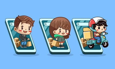 online shopping concept, set of character stand with phone. Character vector, chibi style
