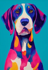 Funny adorable portrait headshot of cute doggy. Bluetick Coonhound dog breed puppy, standing facing front. Looking to camera. Watercolor imitation illustration. AI generated vertical artistic poster.