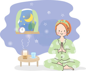 寝る前にヨガをする女性のイラスト素材