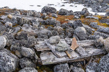 Ancient coffin at gravesite in Svalbard, Norway on the Arctic Sea. Over 100 years old. 