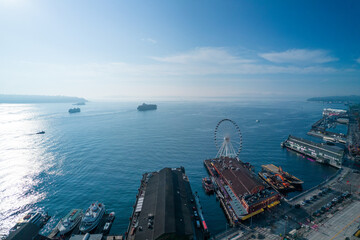 Aerial view on pacific ocean from sowntown of Seattle state Washington. Park in Seattle 