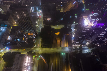 Aerial view of skyscrapers at night in Seattle state Washington. Center of the city in Seattle.