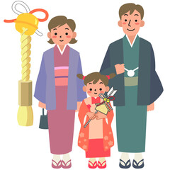 着物を着て初詣をする家族