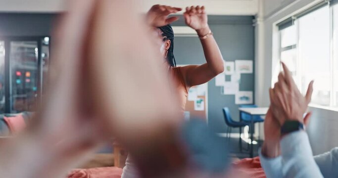 Teamwork, success and group high five with black woman leader and motivation for winner marketing team. Team building, diversity and achievement, celebration of new deal or goals at creative startup.