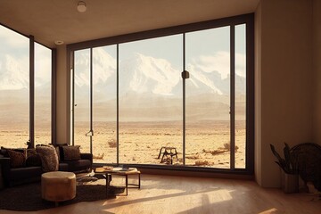 Luxury Desert Modern Interior with Large Modern Windows with Mountain View Made with Generative AI