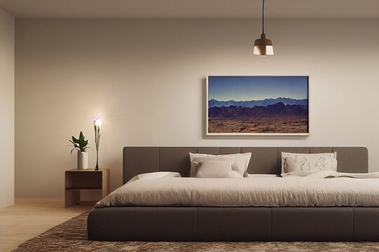 Mid Century Modern Bedroom Interior Photo Mockup Made with Generative AI