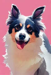 Funny adorable portrait headshot of cute doggy. Australian Shepherd dog breed puppy, standing facing front. Looking to camera. Watercolor imitation illustration. AI generated vertical artistic poster.